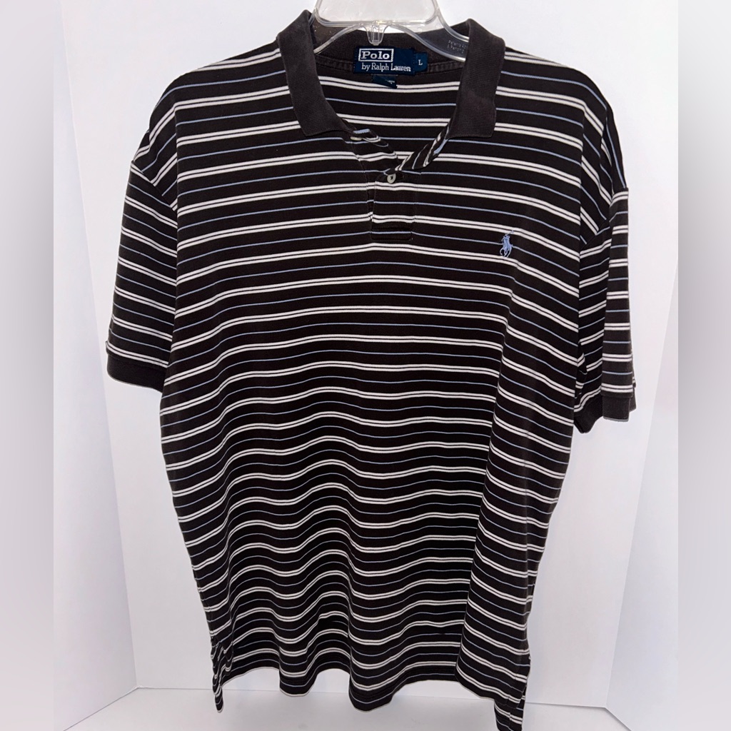 Polo Ralph Lauren Vintage Brown White Blue Stripe Short Sleeve Polo Size Large